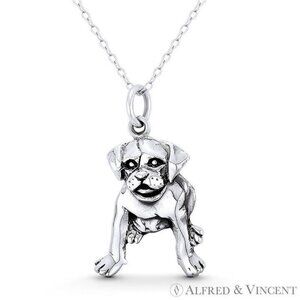 Sitting Boxer Puppy Dog Lover Animal Charm in Oxidized .925 Sterling Silver